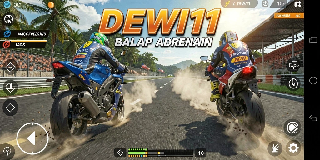Screenshot gameplay DEWI11 menampilkan aksi balap motor yang intens.