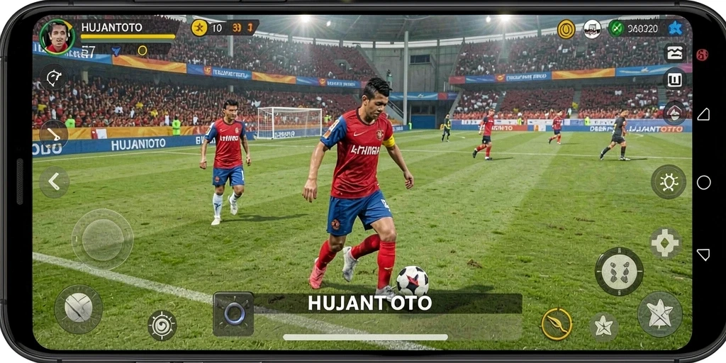 Screenshot gameplay menampilkan aksi pertandingan sepak bola yang mendebarkan.