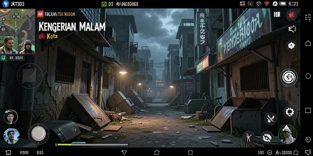 Screenshot gameplay JKT303 menampilkan suasana kota yang mencekam dan penuh misteri.