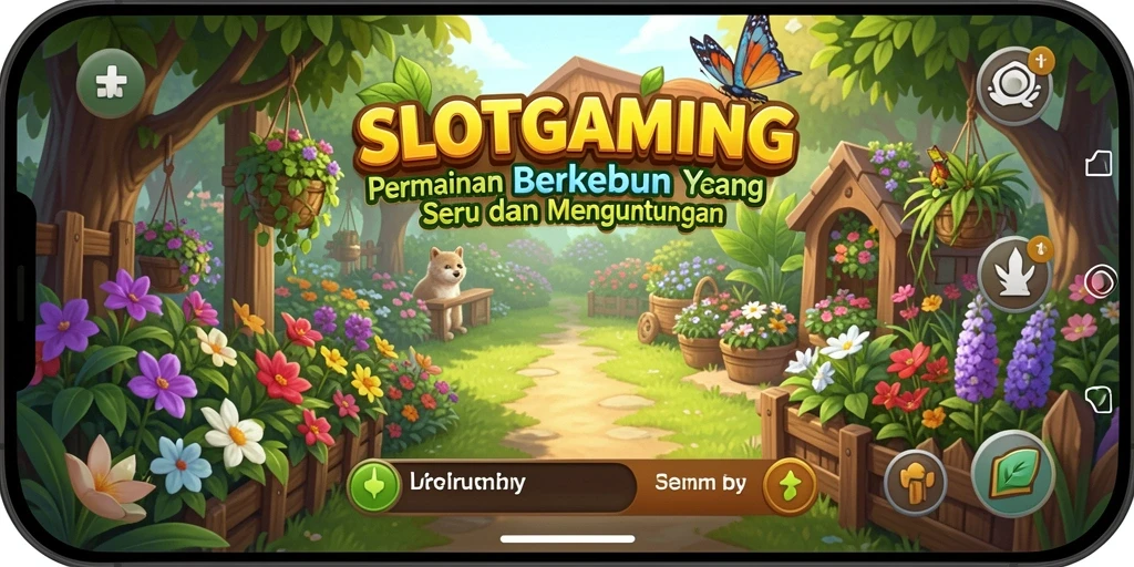 Tangkapan layar utama SLOTGAMING menampilkan kebun yang hijau dan subur dengan berbagai tanaman.